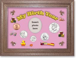 2013 My Birth Year Coin Gift Set with a pink background and dark oak frame THUMBNAIL