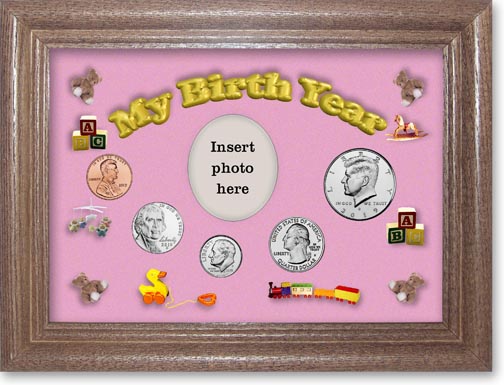 2019 My Birth Year Coin Gift Set with a pink background and dark oak frame MAIN