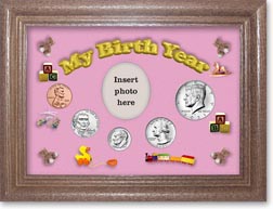 2021 My Birth Year Coin Gift Set with a pink background and dark oak frame THUMBNAIL