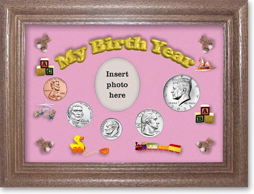 2022 My Birth Year Coin Gift Set with a pink background and dark oak frame LARGE