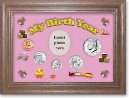 My Birth Year Coin Gift Set with a pink background and dark oak frame THUMBNAIL