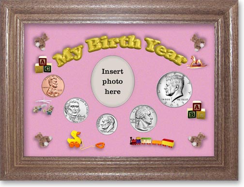 My Birth Year Coin Gift Set with pink background and dark oak frame LARGE