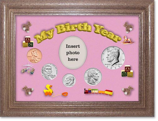 2025 My Birth Year Coin Gift Set with a pink background and dark oak frame MAIN