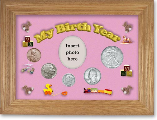 1934 My Birth Year Coin Gift Set with a pink background and wheat frame LARGE