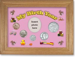 1934 My Birth Year Coin Gift Set with a pink background and wheat frame THUMBNAIL