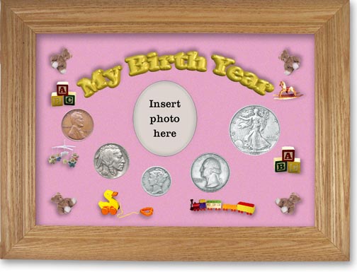 1935 My Birth Year Coin Gift Set with a pink background and wheat frame MAIN