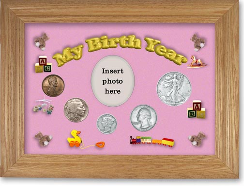 1937 My Birth Year Coin Gift Set with a pink background and wheat frame LARGE