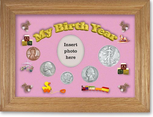 1938 My Birth Year Coin Gift Set with a pink background and wheat frame LARGE