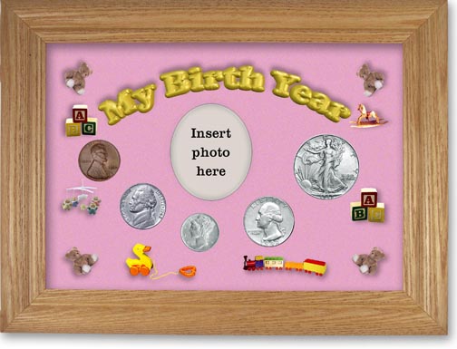 1942 My Birth Year Coin Gift Set with a pink background and wheat frame LARGE