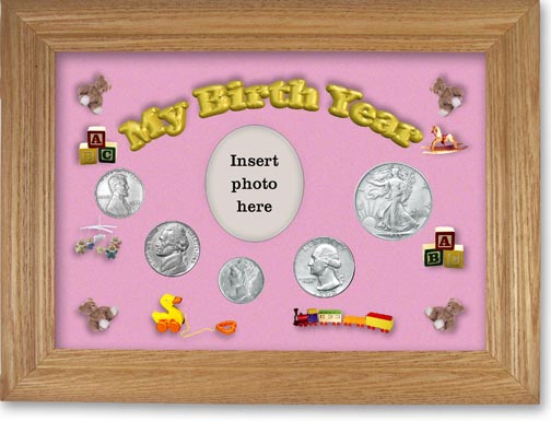 1943 My Birth Year Coin Gift Set with a pink background and wheat frame MAIN