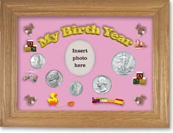 1943 My Birth Year Coin Gift Set with a pink background and wheat frame THUMBNAIL