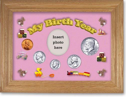 1964 My Birth Year Coin Gift Set with a pink background and wheat frame LARGE