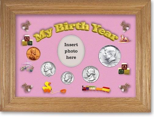 1965 My Birth Year Coin Gift Set with a pink background and wheat frame MAIN