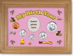 1965 My Birth Year Coin Gift Set with a pink background and wheat frame THUMBNAIL