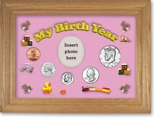1990 My Birth Year Coin Gift Set with a pink background and wheat frame LARGE