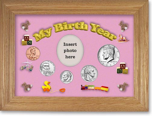 My Birth Year Coin Gift Set with pink background and wheat frame LARGE