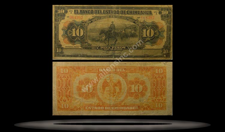 Banco del Estado de Chihuahua, Mexico Banknote, 10 Pesos, D.1913, P#133a MAIN
