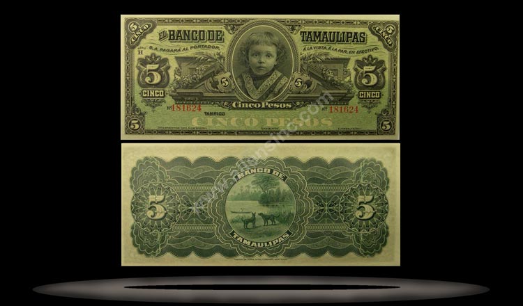 Banco de Tamaulipas, Mexico Banknote, 5 Pesos, 31.3.1914, P#429r MAIN