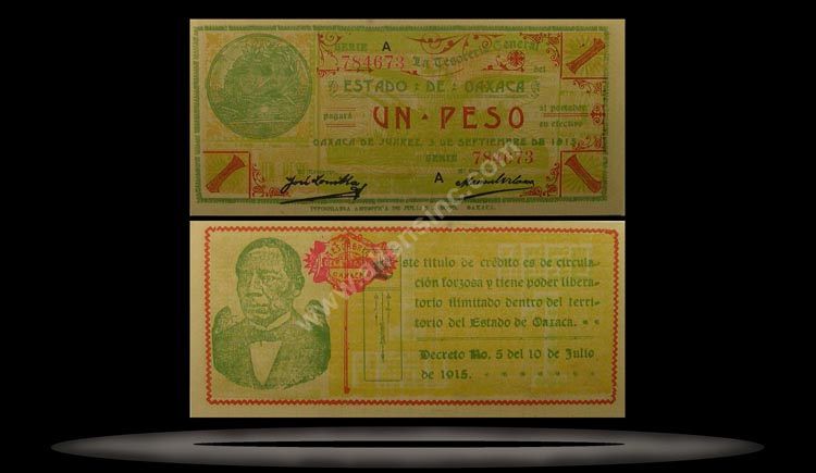 La Tesoreria General del Estado de Oaxaca, Oaxaca de Juarez (Revolutionary), Mexico Banknote, 1 Peso, 19.7.1915, P#953a MAIN