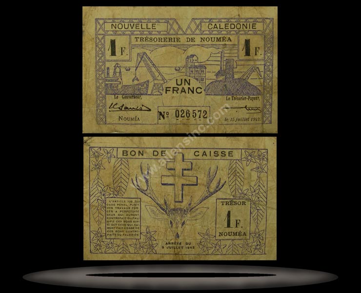New Caledonia Banknote, 1 Franc, 15.7.1942, P#52 MAIN