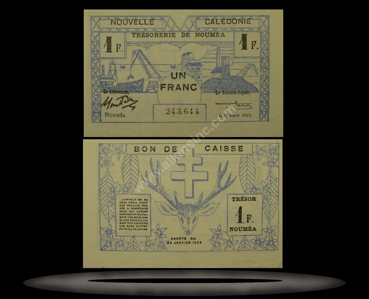 New Caledonia Banknote, 1 Franc, 29.3.1943, P#55b MAIN