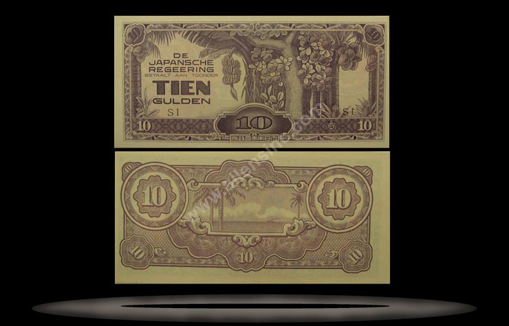 Japanese Occupation of Netherlands Indies Banknote, 10 Gulden, ND (1942), P#125c MAIN