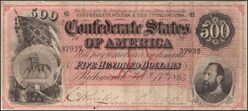Confederate States of America $500 Note, 2/17/1864, Cat# 64-489B MAIN