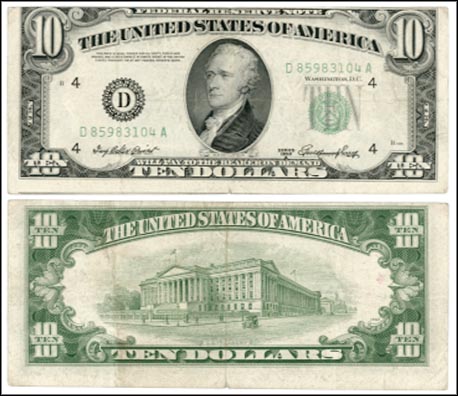 Fr# 2011  1950A DA $10 Misaligned Face & Back MAIN