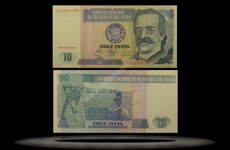 Peru Banknote, 10 Intis, 26.6.1987, P#129 MAIN