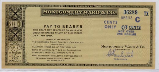 Montgomery Ward Refund Check, Chicago, Illinois MAIN