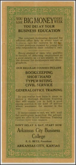 Arkansas City Business College ad note on Conferderate Facsimile, Kansas MAIN