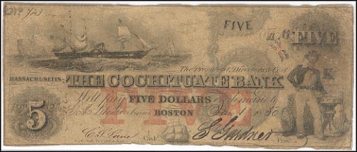 #MA-130-G8b The Cochituate Bank, Boston 5.00 1850 F hand stamps MAIN