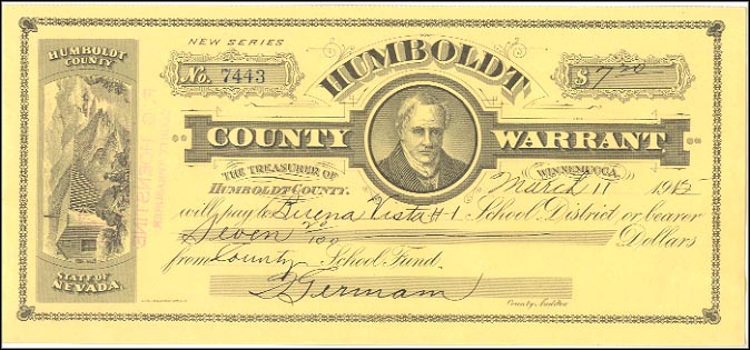 Humboldt County Warrant, Winnemucca, Nevada MAIN