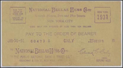 National Bellas Hess, New York City, Refund Note, New York MAIN