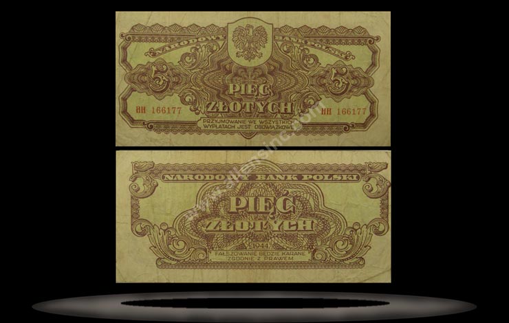 Poland Banknote, 5 Zlotych, 1944, P#109a MAIN