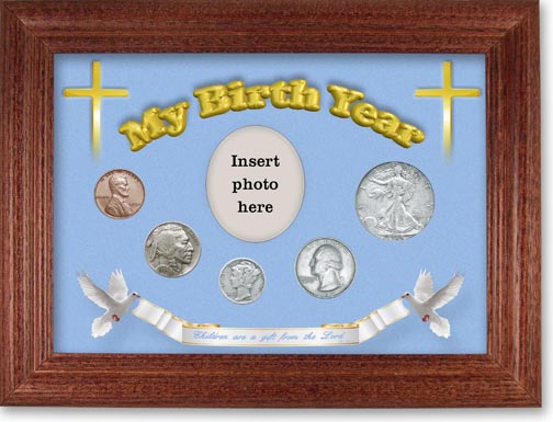 1934 'Children are a Gift from the Lord' My Birth Year Coin Gift Set with a blue background and cherry frame LARGE