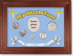 1934 'Children are a Gift from the Lord' My Birth Year Coin Gift Set with a blue background and cherry frame THUMBNAIL