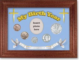 1936 'Children are a Gift from the Lord' My Birth Year Coin Gift Set with a blue background and cherry frame THUMBNAIL