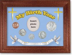 1938 'Children are a Gift from the Lord' My Birth Year Coin Gift Set with a blue background and cherry frame THUMBNAIL