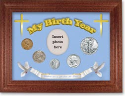 1940 'Children are a Gift from the Lord' My Birth Year Coin Gift Set with a blue background and cherry frame THUMBNAIL