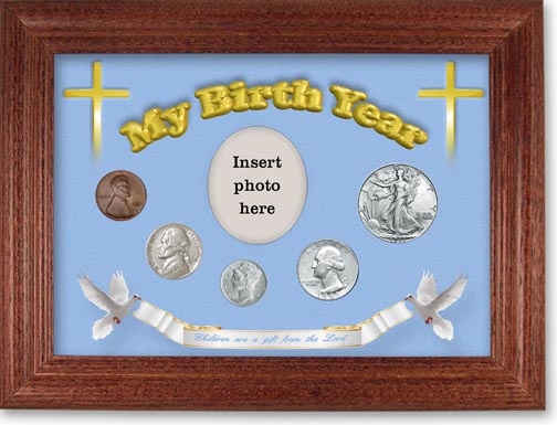 1941 'Children are a Gift from the Lord' My Birth Year Coin Gift Set with a blue background and cherry frame LARGE