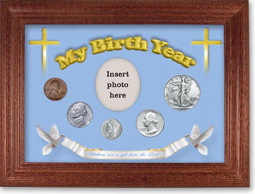 1942 'Children are a Gift from the Lord' My Birth Year Coin Gift Set with a blue background and cherry frame LARGE