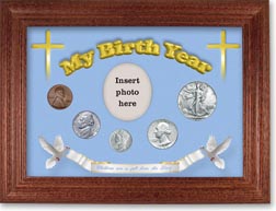 1942 'Children are a Gift from the Lord' My Birth Year Coin Gift Set with a blue background and cherry frame THUMBNAIL
