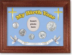 1943 'Children are a Gift from the Lord' My Birth Year Coin Gift Set with a blue background and cherry frame THUMBNAIL