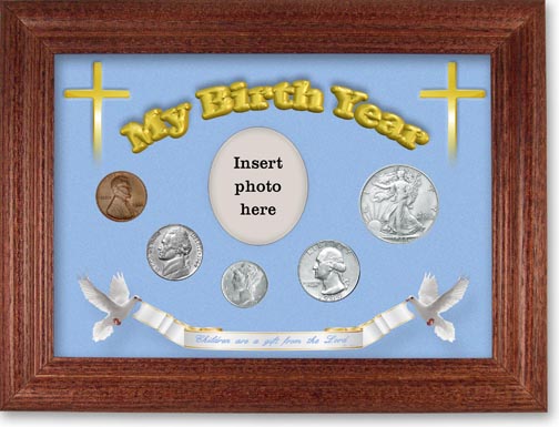 1944 'Children are a Gift from the Lord' My Birth Year Coin Gift Set with a blue background and cherry frame MAIN