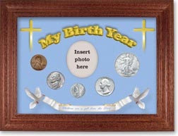 1944 'Children are a Gift from the Lord' My Birth Year Coin Gift Set with a blue background and cherry frame THUMBNAIL