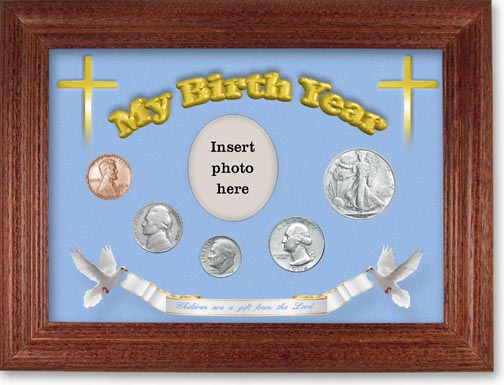 1946 'Children are a Gift from the Lord' My Birth Year Coin Gift Set with a blue background and cherry frame LARGE