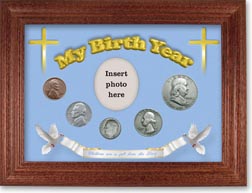 1949 'Children are a Gift from the Lord' My Birth Year Coin Gift Set with a blue background and cherry frame THUMBNAIL