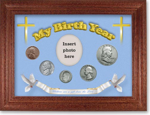 1953 'Children are a Gift from the Lord' My Birth Year Coin Gift Set with a blue background and cherry frame LARGE