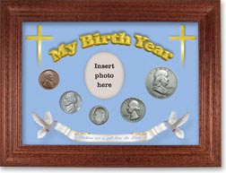 1953 'Children are a Gift from the Lord' My Birth Year Coin Gift Set with a blue background and cherry frame THUMBNAIL